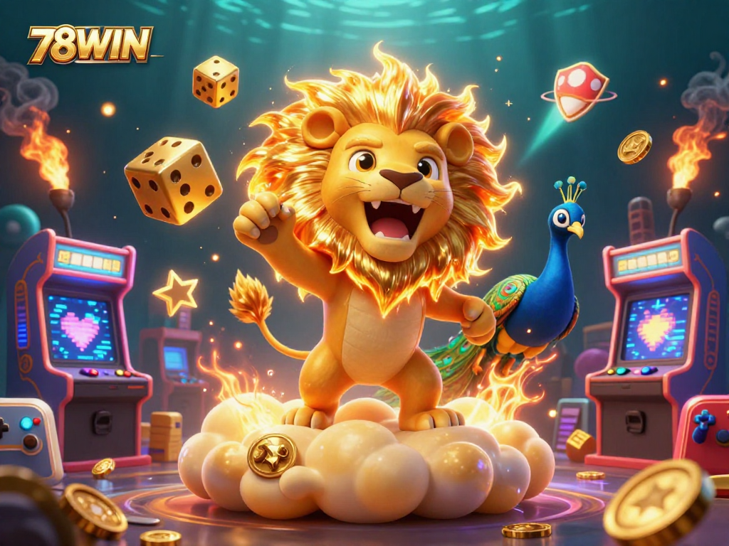 Engage in thrilling gaming adventures with 78WIN amid a vibrant, dynamic casino scene featuring golden dice and arcade machines.