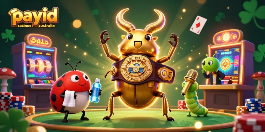 Engaging scene at payid casinos in australia featuring cartoon beetle boxing with vibrant casino elements.
