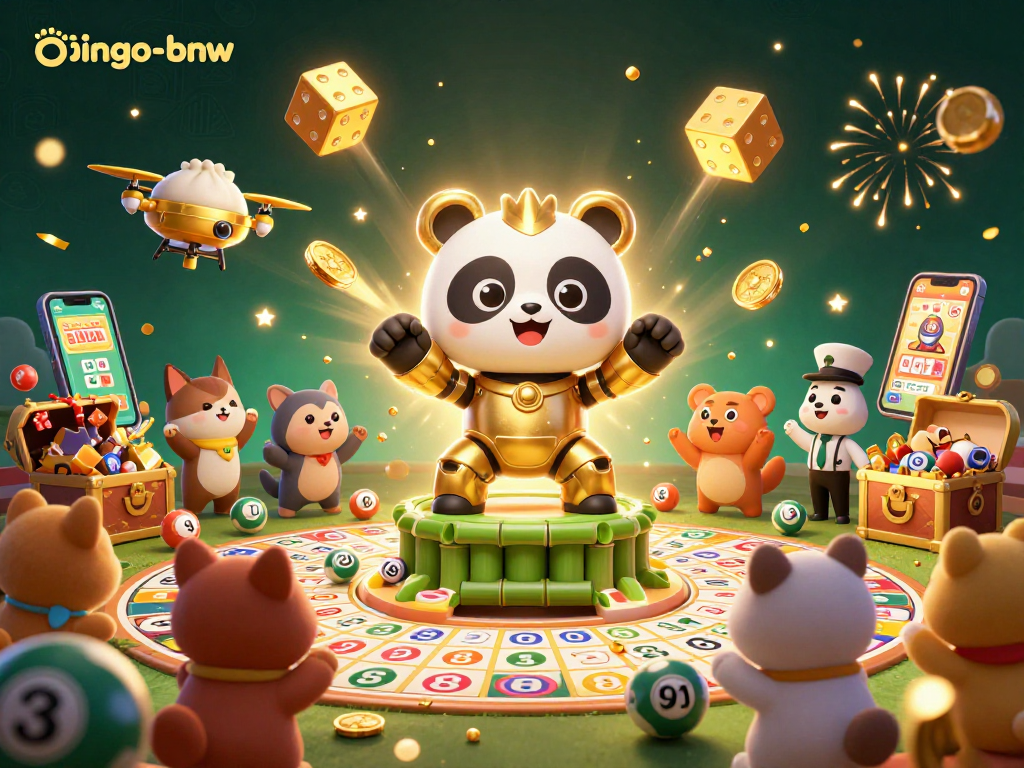 Bingo-bnw immersive scene with a golden panda and vibrant bingo elements launching exciting jackpots and prizes.