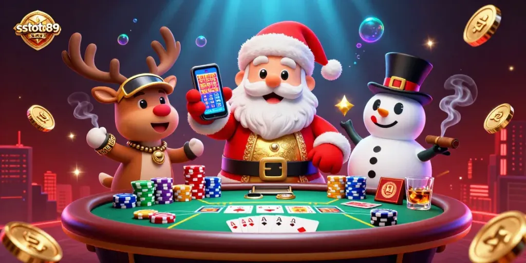Sstoto89 membawa kesenangan di kasino dengan Santa Claus, rusa, dan pria salju.