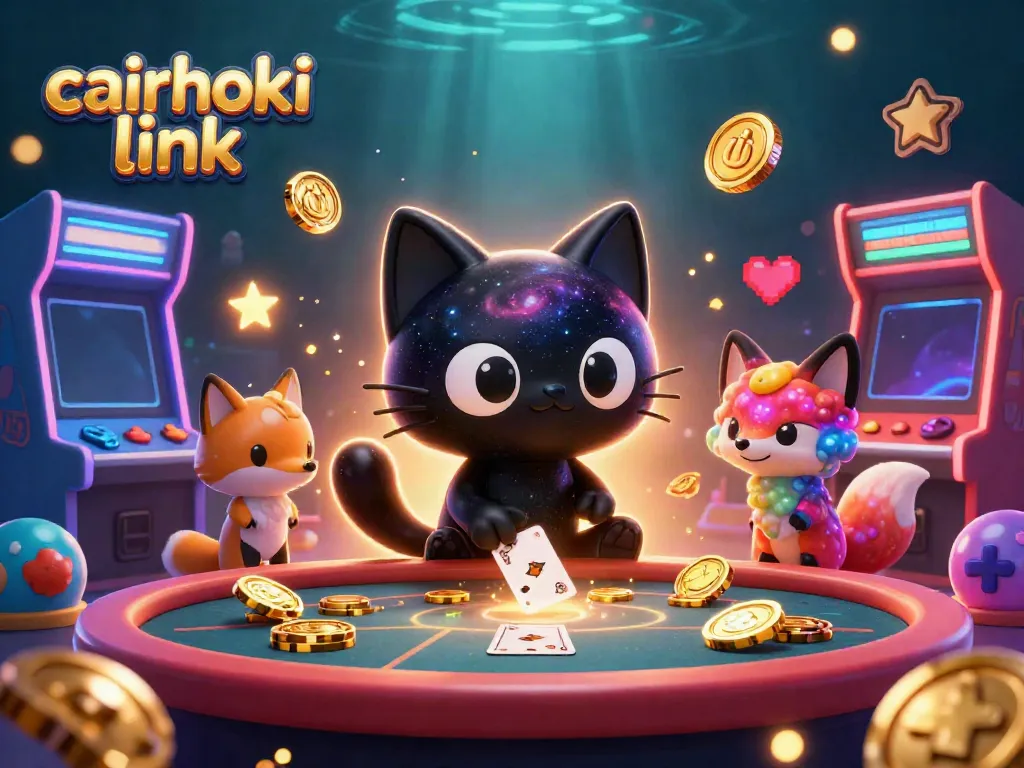 Gambaran ilustrasi 3D cairhoki link dengan kucing hitam lubang hitam dan rubah nebula di kasino cosmic