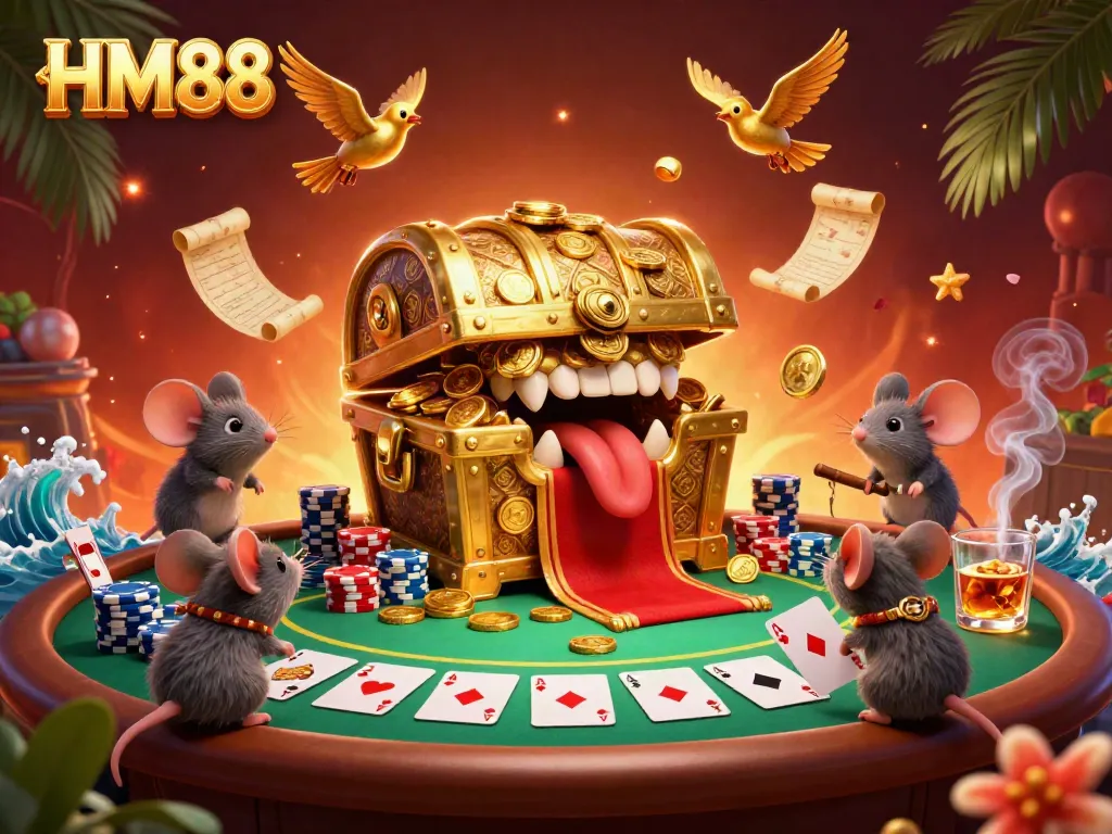 Experience the thrill of HM88 with a treasure chest luring adventurers, surrounded by poker elements.