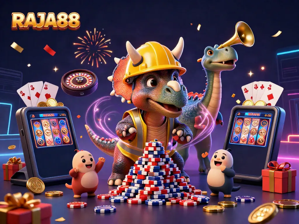RAJA88 merayakan kemenangan di kasino dengan triceratops membangun tumpukan chip poker yang megah.