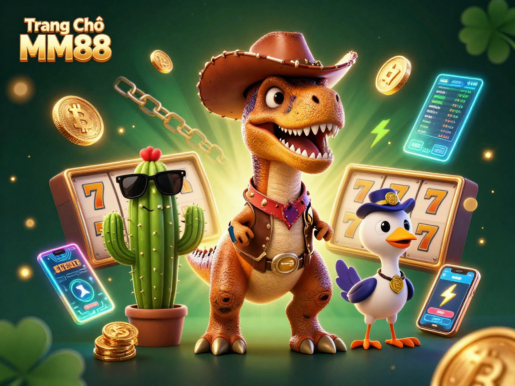 Spin the reels on Trang Chủ MM88 with a thrilling 3D cartoon illustration featuring a T-Rex mascot.