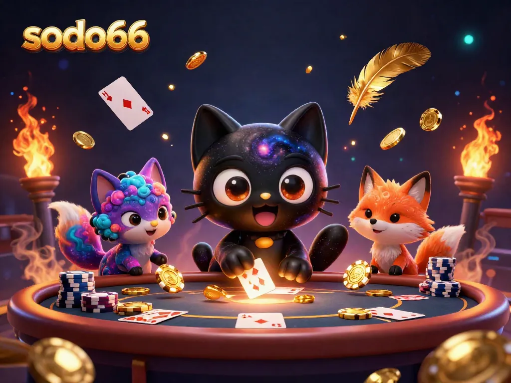 Engage in thrilling gameplay at sodo66, featuring a cosmic casino with vibrant characters and golden chips.