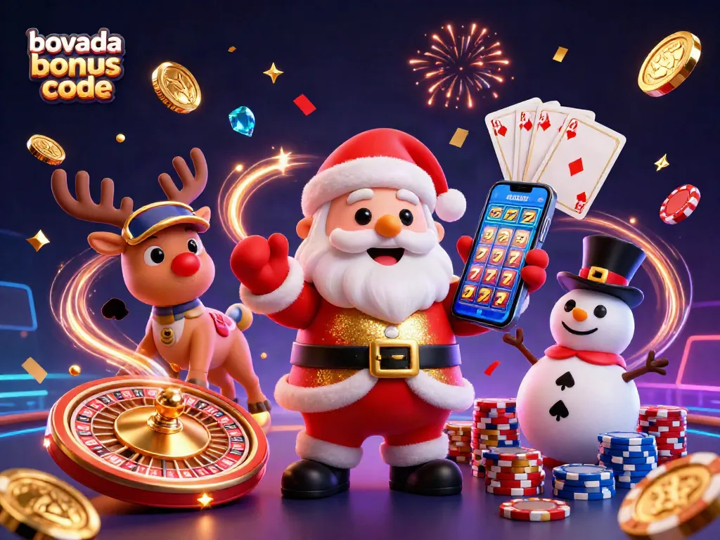 Spin winning slots with the current Bovada bonus code showcased by Santa and friends in a festive casino