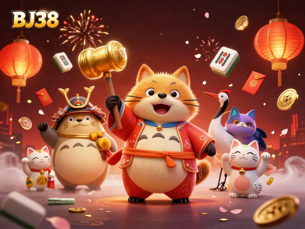 BJ38 gaming scene with cheerful tanuki and crane among festival decor and casino elements.