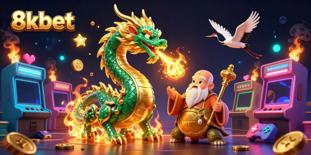 Experience exhilarating gameplay at 8xbet with a vibrant dragon and arcade casino elements!