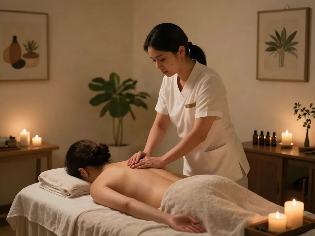 Relaxing wellness scene featuring a soothing 수원출장안마 massage session with calming elements.