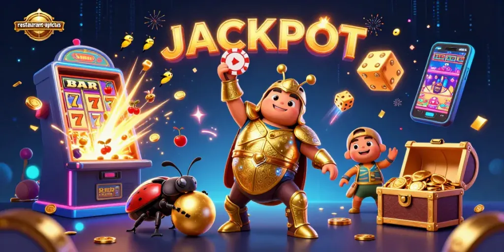 Engage with the thrills of restaurant-apicius through a victorious beetle lifting a poker chip amid vibrant casino elements.