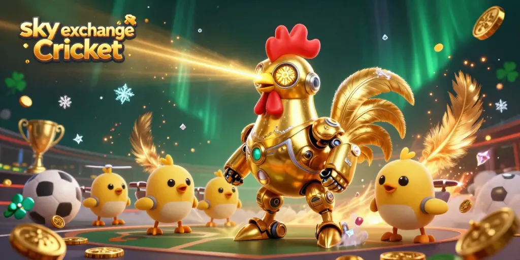 Experience sky exchange Cricket betting with golden rooster robot surrounded by dynamic sports elements in a vibrant arena.