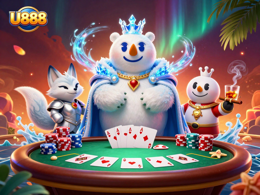 Join the excitement at U888 with a vibrant casino scene featuring an ice king polar bear and snow fox.