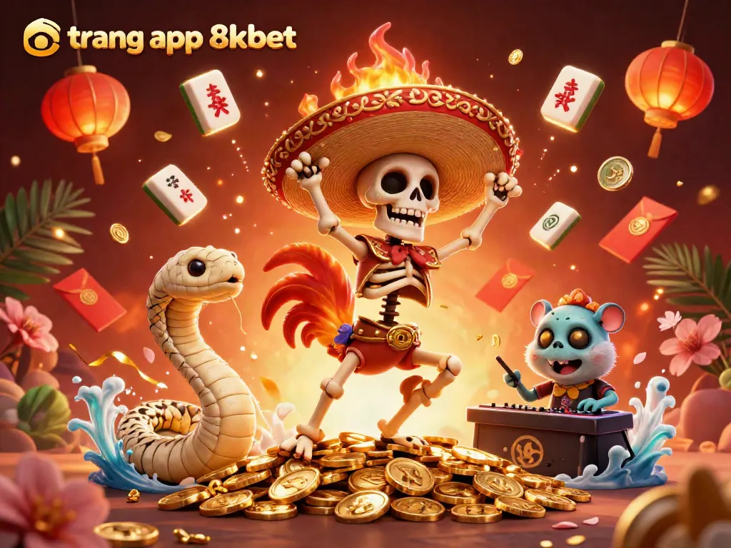 Experience the dynamic thrill of trang app 8xbet with festive characters celebrating amidst golden coins and lucky symbols.