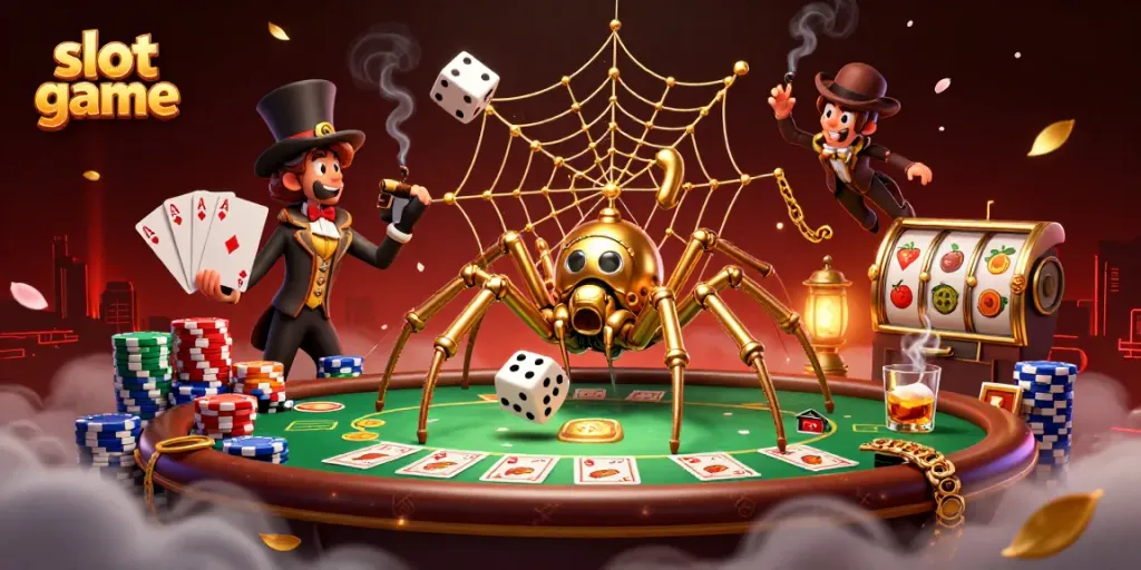 Engaging slot game illustration featuring a steampunk spider, poker elements, and vivid casino symbols.