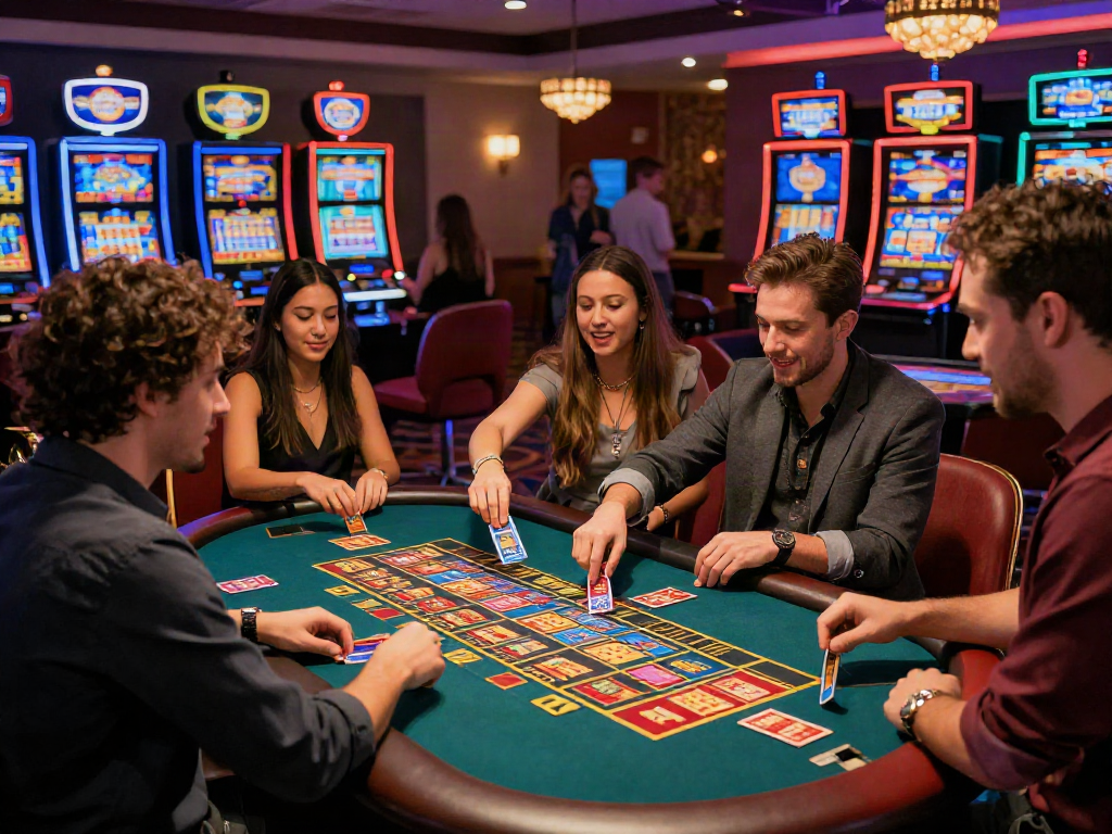 Friends at a lottery game table celebrating and enjoying harga toto at a lively casino.