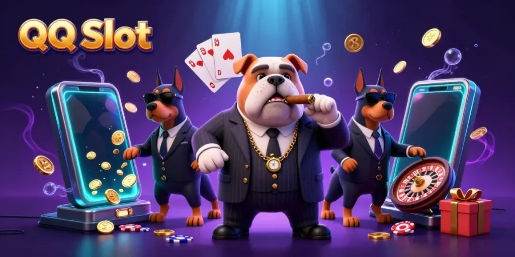 Experience thrilling wins with QQ Slot in a vibrant casino scene showcasing colorful games and characters.