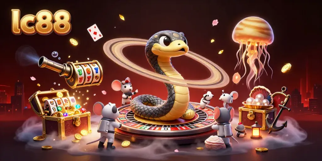lc88 immersive illustration of a cartoon Saturn snake using its rings as a roulette wheel while astronaut mice place bets.