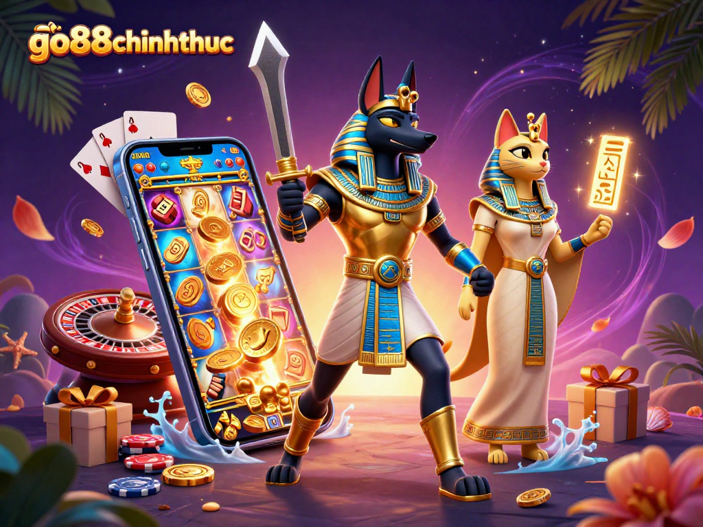 go88chinhthuc showcases Anubis and Bastet amidst vibrant slot game action and dynamic casino elements.