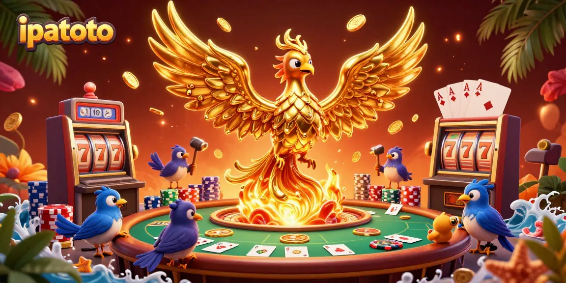 Experience the excitement with ipatoto's golden phoenix emerging in a vibrant casino setting.