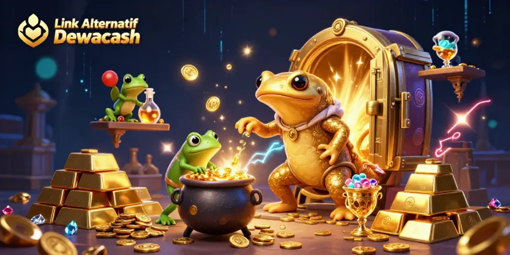 Experience the magic of Link Alternatif Dewacash with a scene depicting a whimsical alchemist and gold coins.