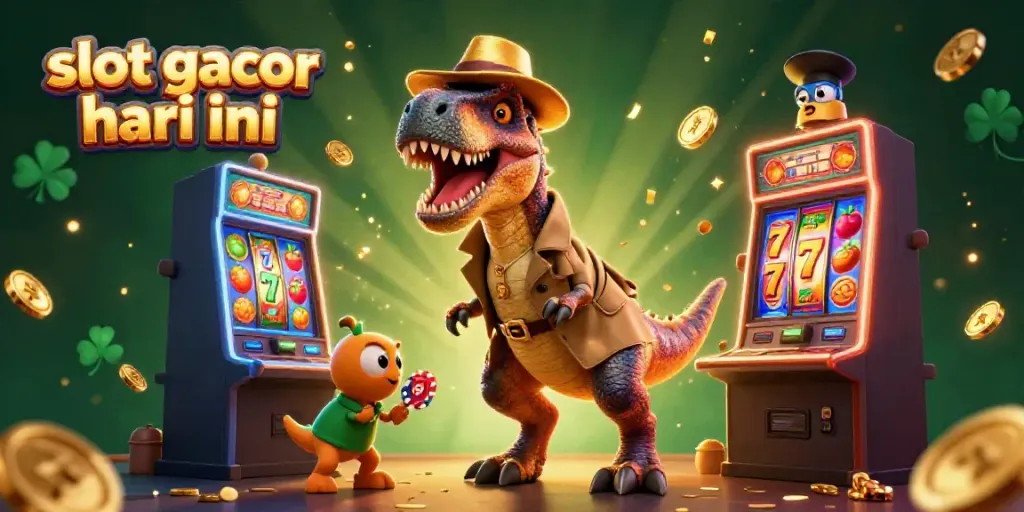 Experience the thrill of slot gacor hari ini with cartoon dinosaurs gambling in a dynamic casino scene.