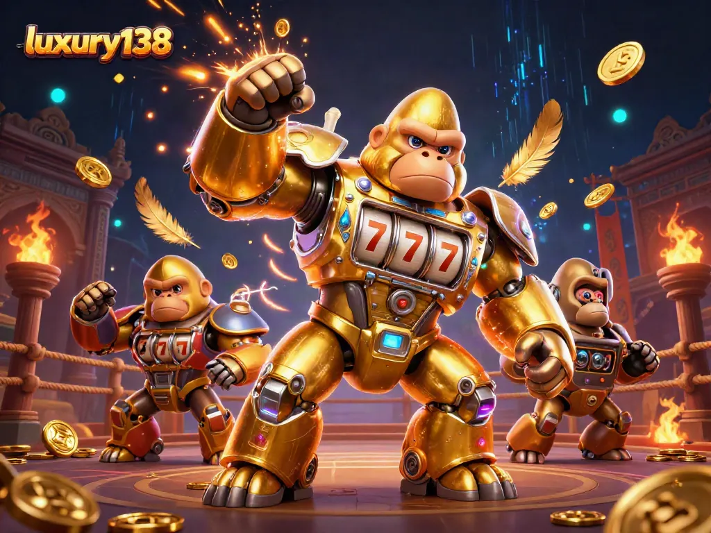 Menang besar dengan luxury138, ilustrasi mesin slot dan petarung arcade yang mendebarkan.
