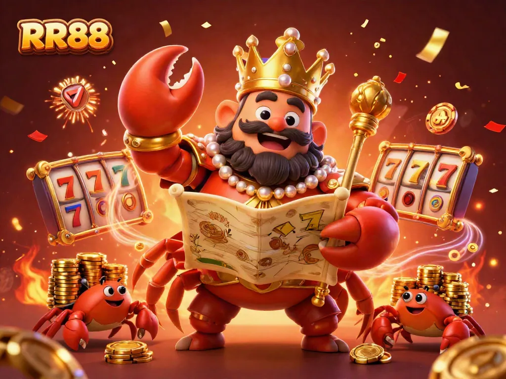 Experience thrilling RR88 moments with the golden crab emperor and vibrant casino elements.