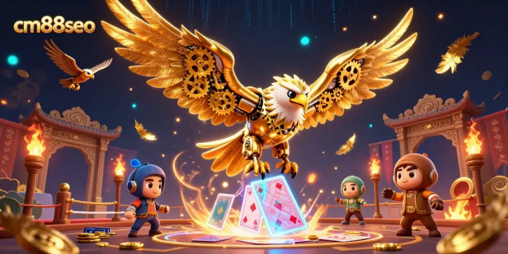 Experience thrilling action in cm88seo with a golden eagle soaring through holographic cards.