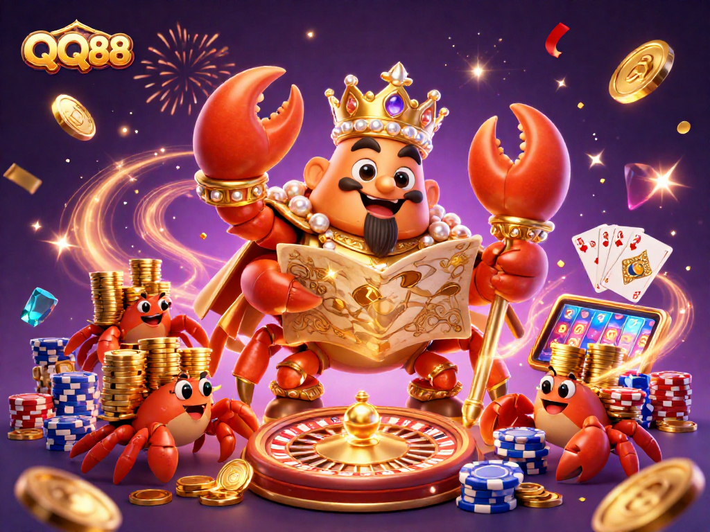 Experience exciting gaming adventures at QQ88 with a dynamic scene of a golden crab emperor and casino elements.