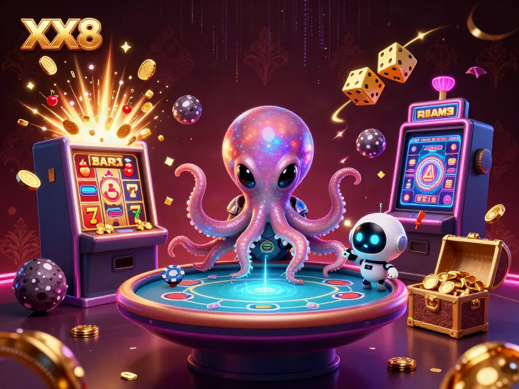 Engage in thrilling slot gaming with XX8 as an alien octopus runs a holographic poker game.
