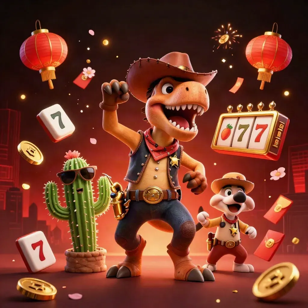 Cowboy T-Rex, cactus sidekick, and roadrunner blast through casino treasure and neon light.