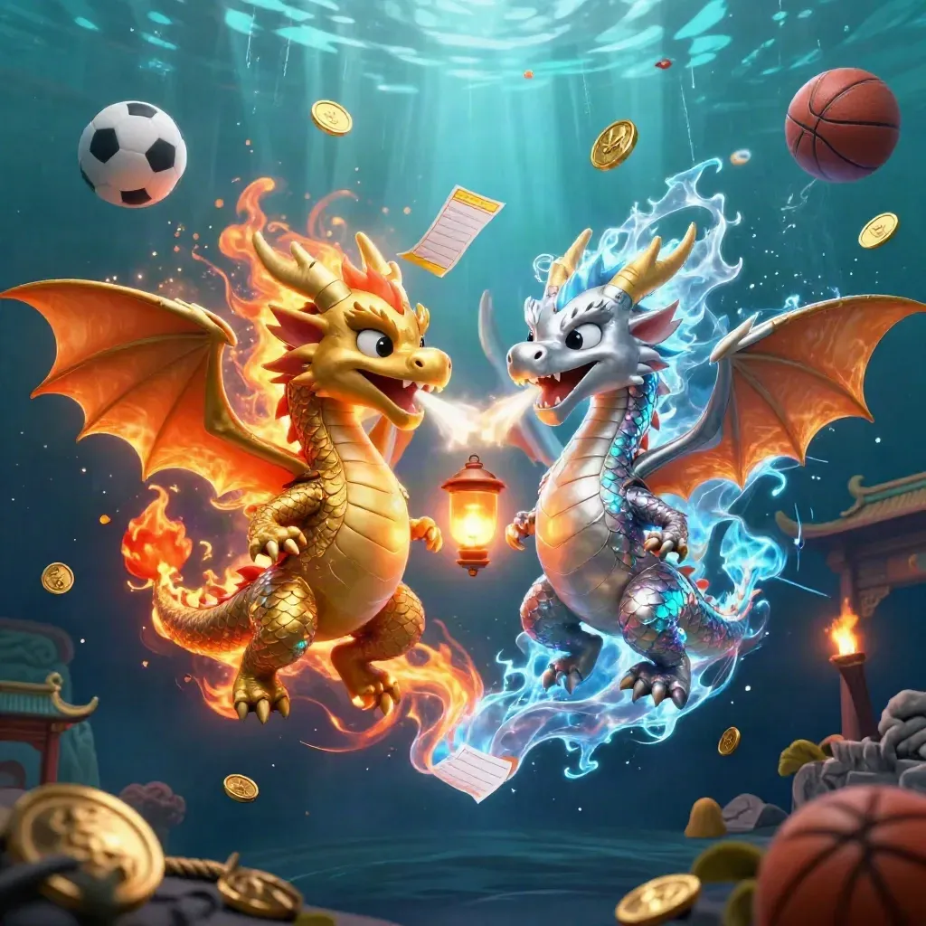 Gold and silver dragons whirl around sports gear, coins, and neon casino light underwater.
