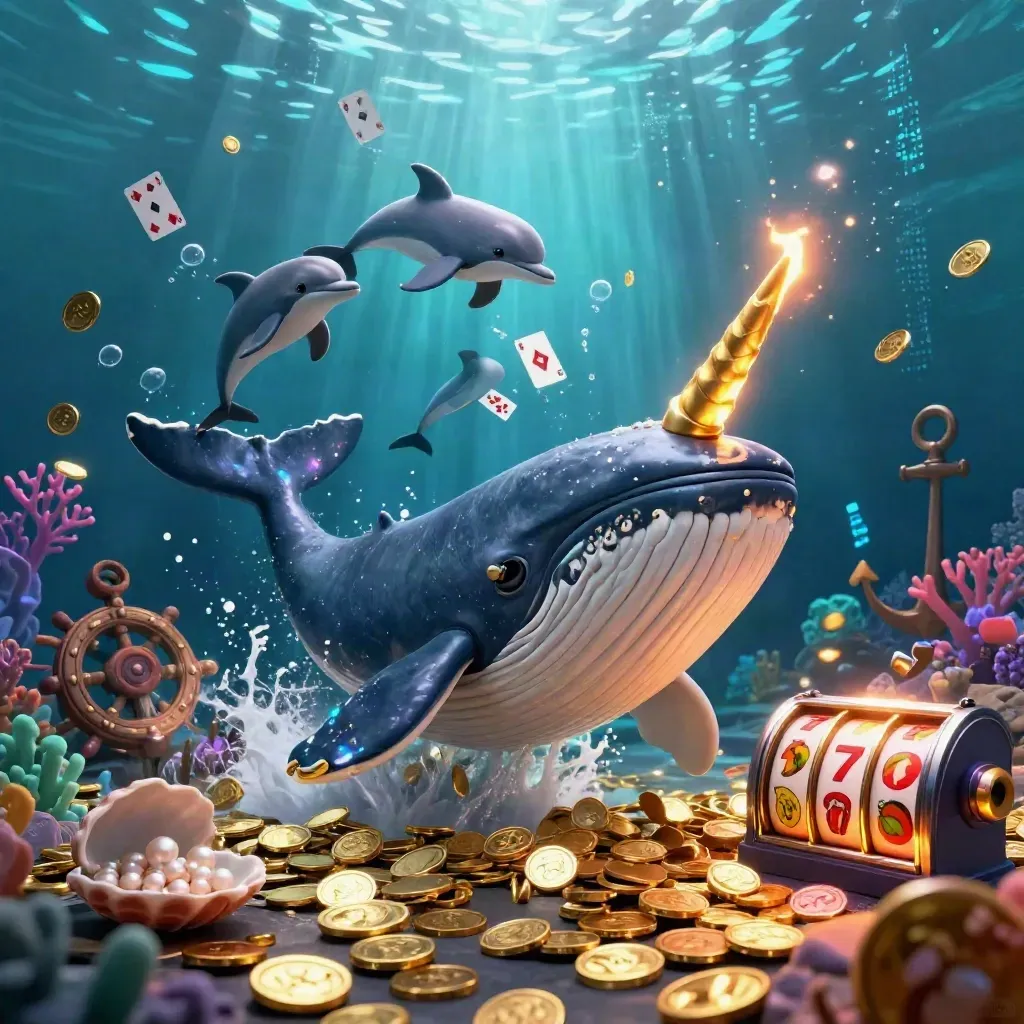 Whale, narwhal, and dolphins blast through coins in a neon underwater casino cove
