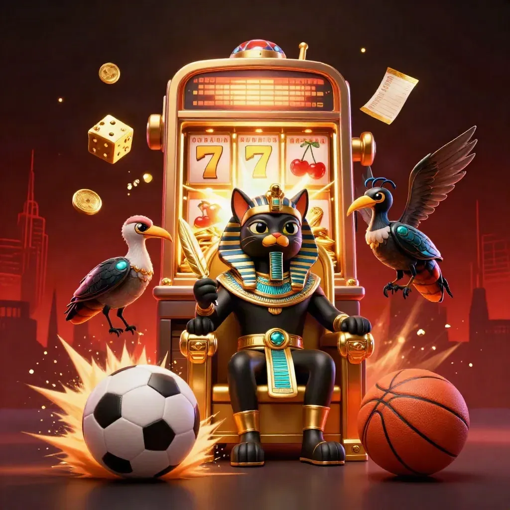 Pharaoh cat, ibis scribe, and scarabs amid exploding slot symbols, gold dice, balls, and treasure.