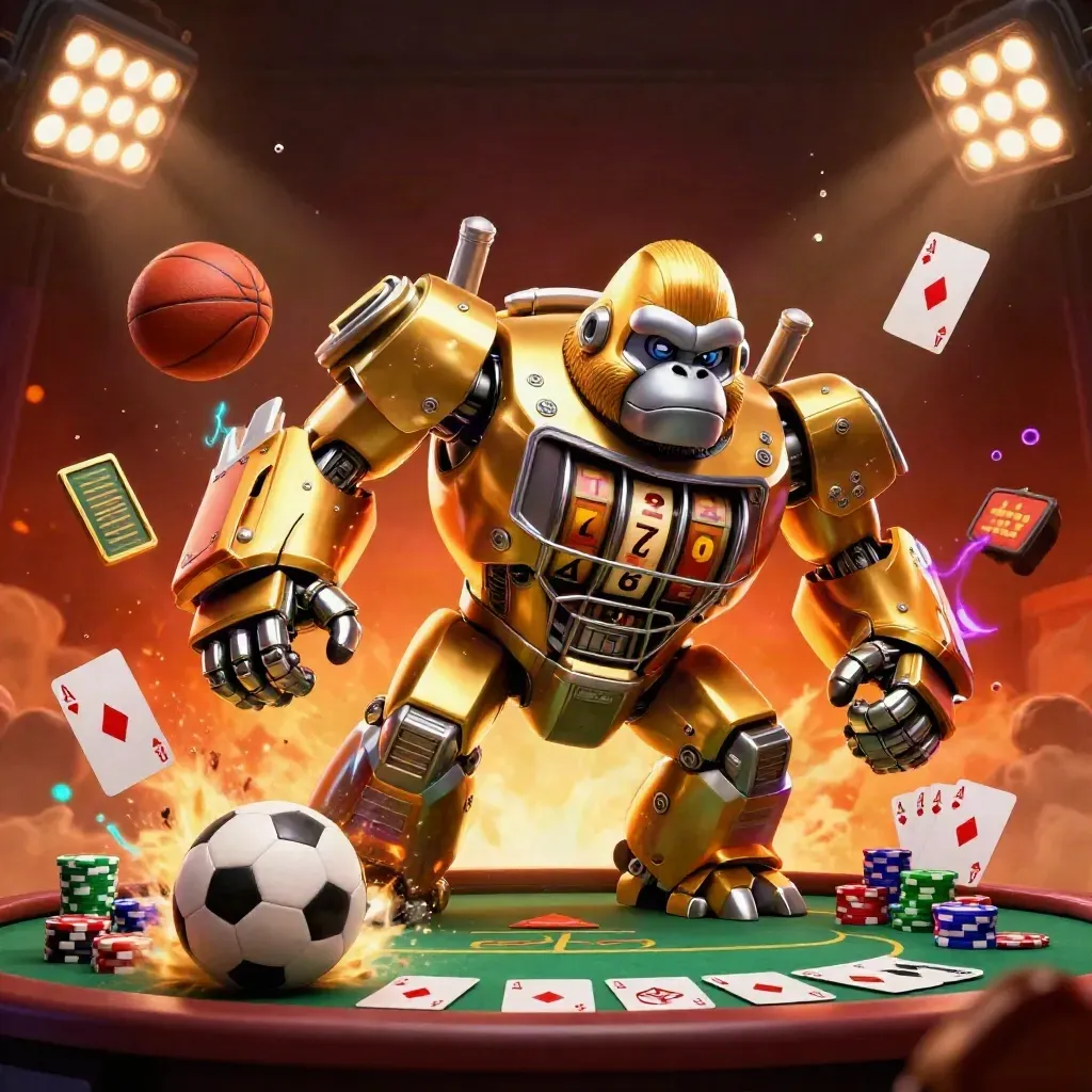 Golden gorilla mech with monkey pilot amid flying cards, chips, and a soccer ball.