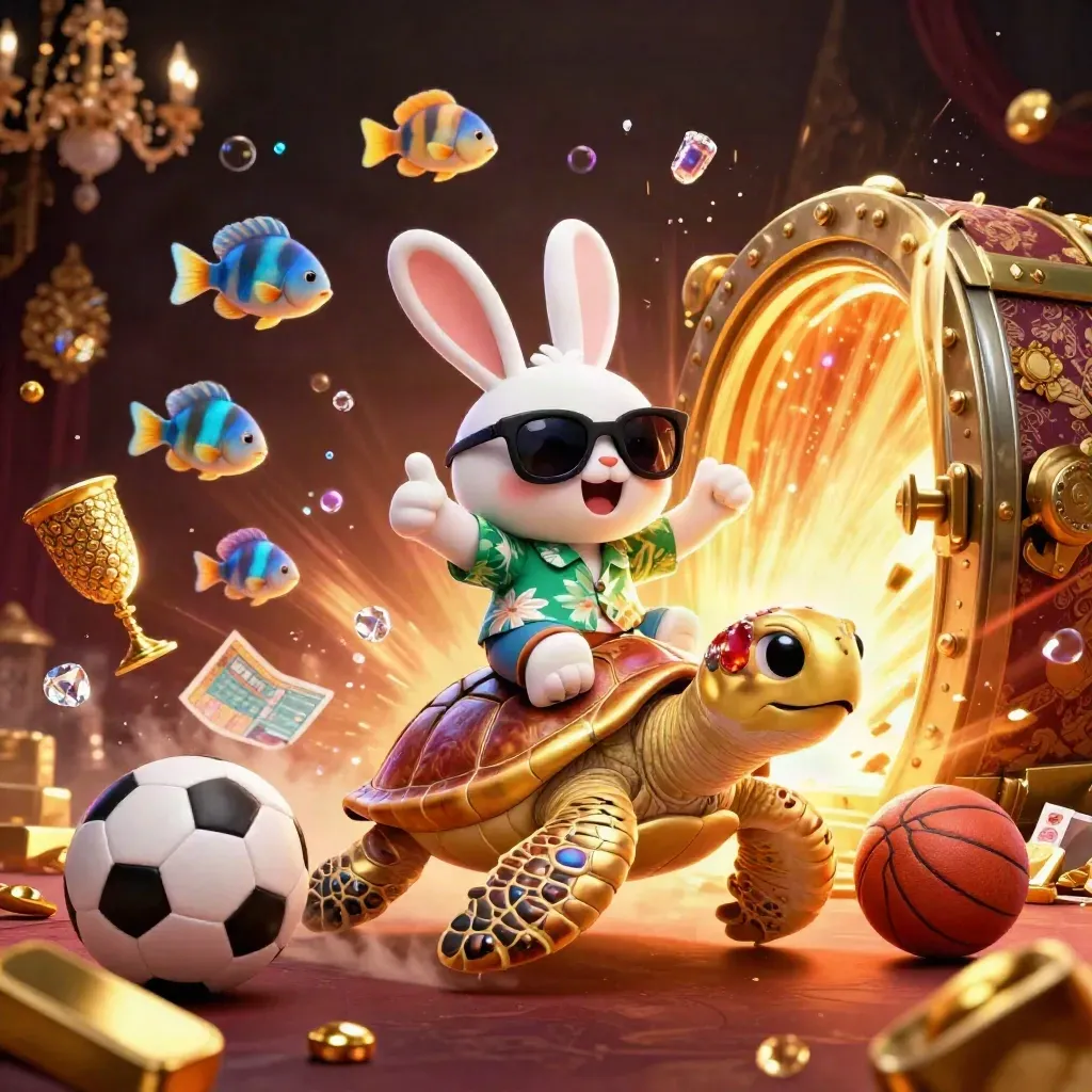 Lucky rabbit on jeweled sea turtle amid gold, balls, and vault burst, in neon casino style.