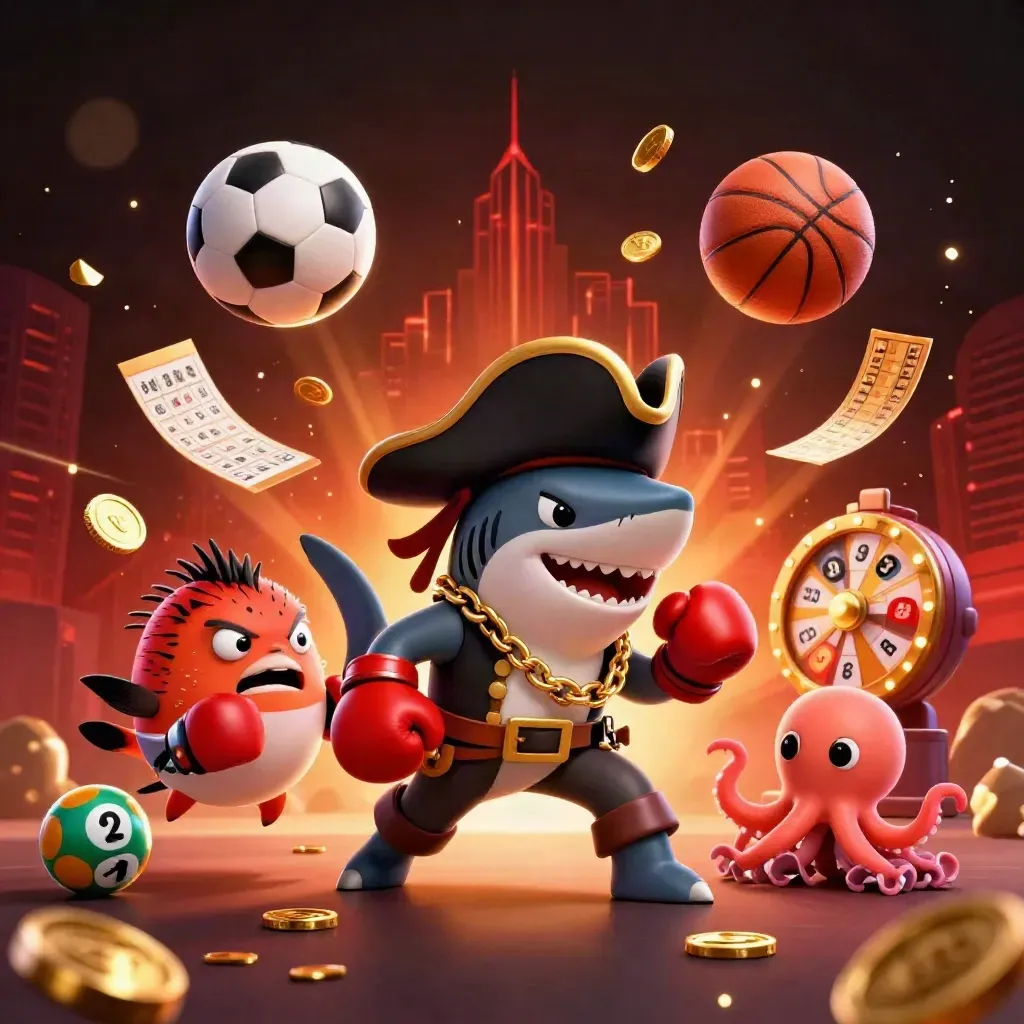 Pirate shark, pufferfish boxer, and baby octopus amid casino balls, wheel, coins, and glowing streaks.
