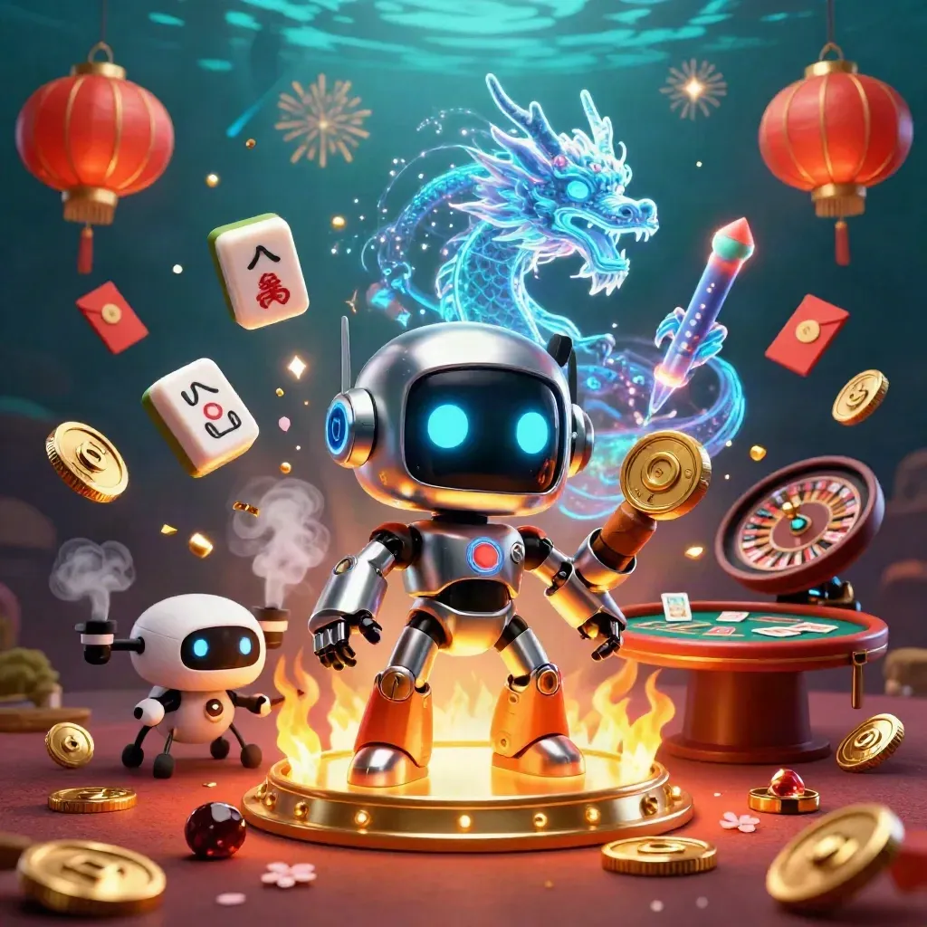 Cyberpunk robot, holographic dragon, and drone amid casino luxury, jade coins, lanterns, and fireworks.