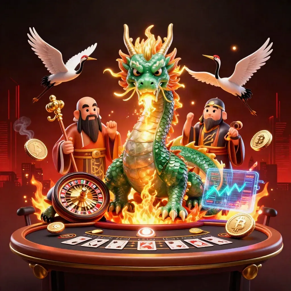 Emerald dragon, turtle sage, and cranes in a neon casino room with fire, coins, and skyline.