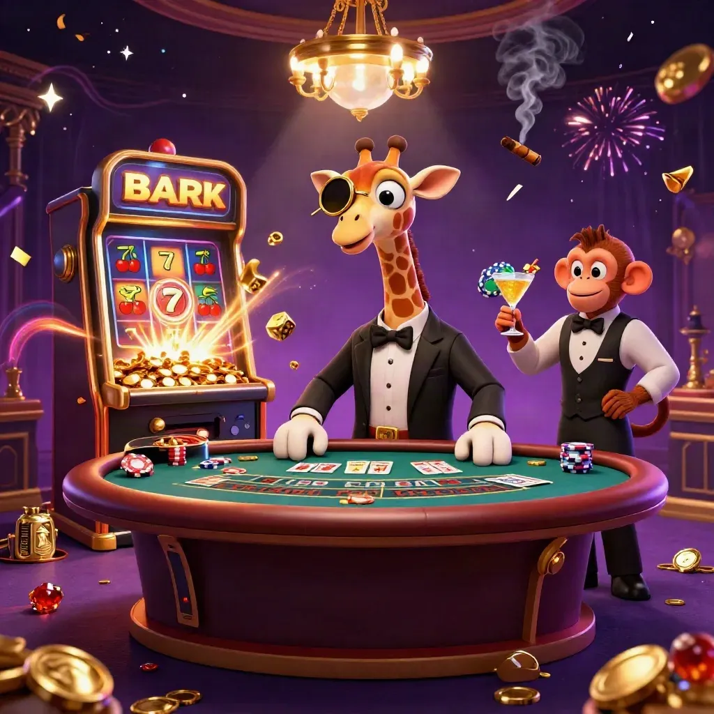 Giraffe, monkey, and chameleon in a luxe casino scene with slot, dice, roulette, and gold.