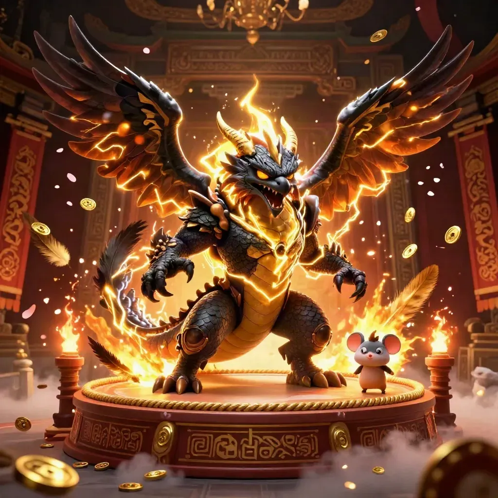 Thunder dragon, glowing hawk and static mouse burst through gold in a burgundy temple casino scene.