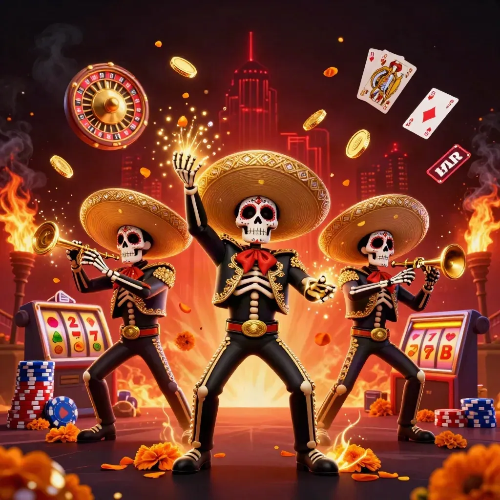 Three skeleton mariachi performers burst through coins, gems, chips, cards and casino firelight.