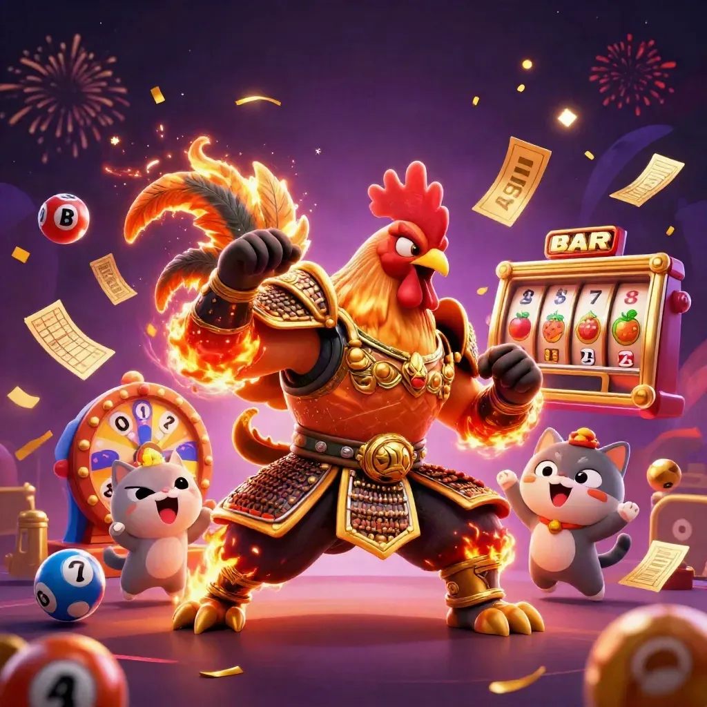 Rooster warrior, dragon hatchling, and fortune cat amid gold casino confetti and glowing sparks.