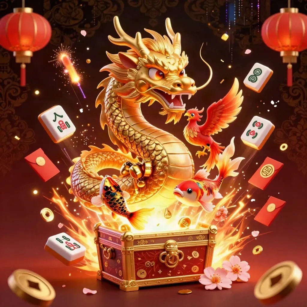 Golden dragon, phoenix, and koi explode from treasure amid casino props on a dark luxe backdrop.