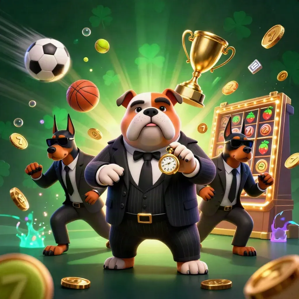 Mafia bulldog and Dobermans amid flying sports balls, coins and gold casino chaos.
