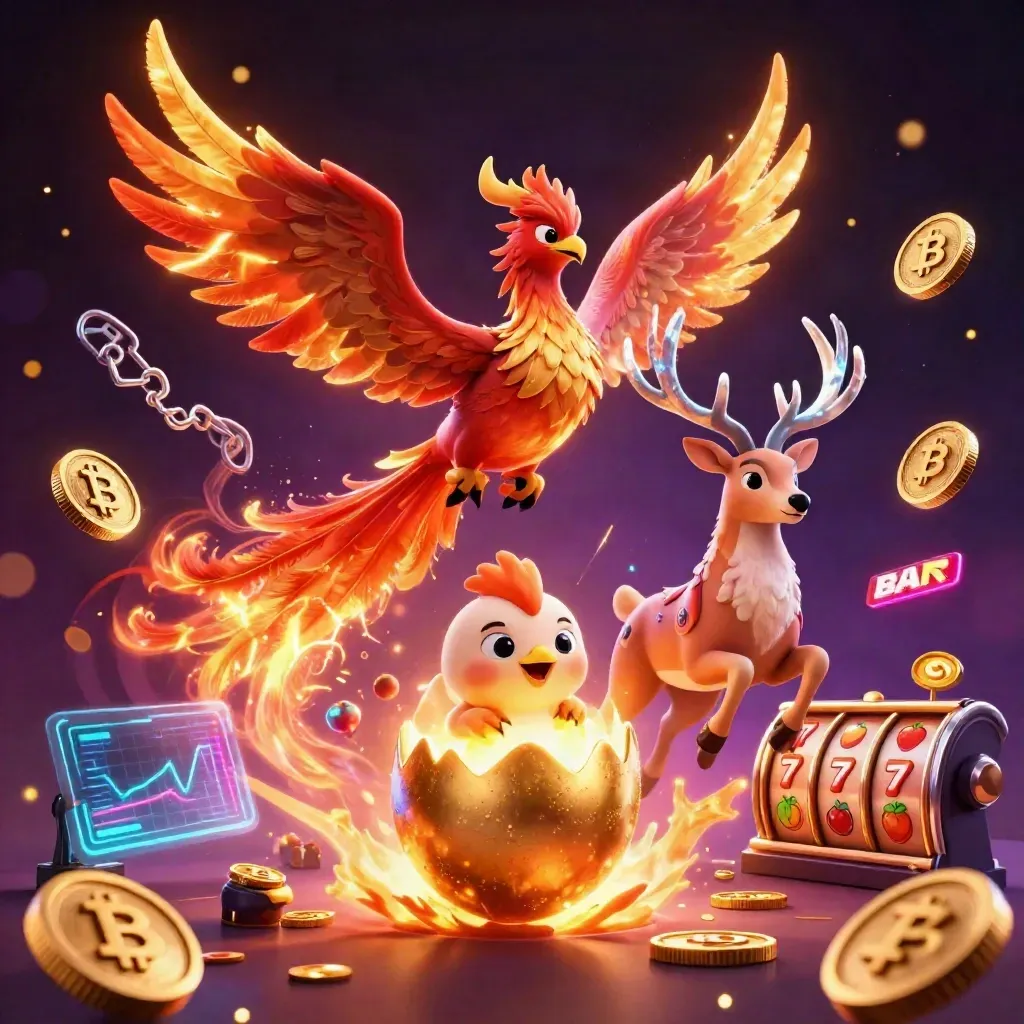 Phoenix, hatching chick, and crystalline stag amid gold coins and neon casino effects.