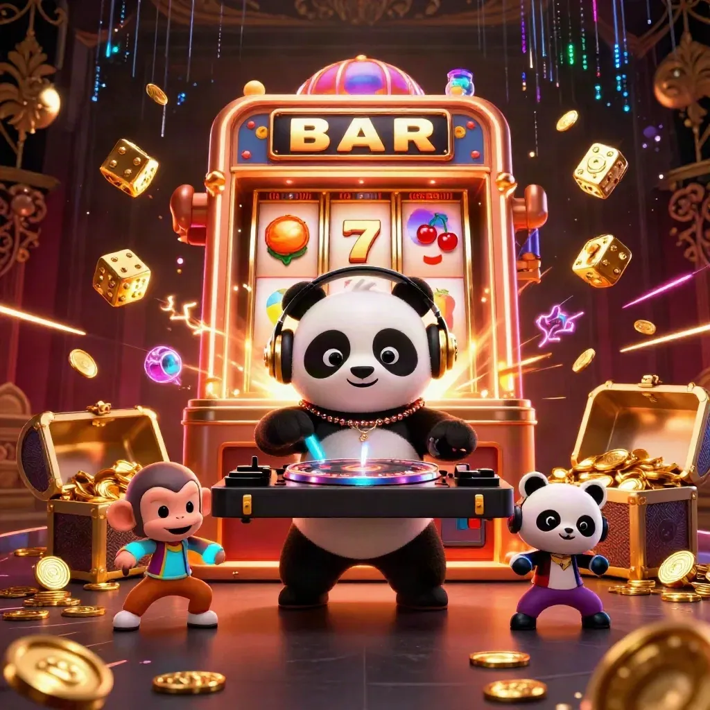 Panda DJ, breakdancing monkey, and rave kitten amid jackpot bursts, coins, and neon casino lights.