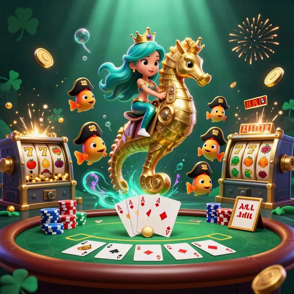 Mermaid princess on a golden seahorse amid casino coins, poker chips, slot reels, and underwater glow.
