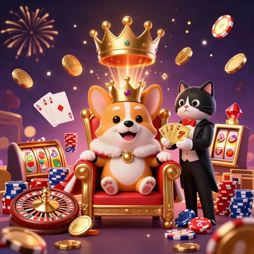 Royal corgi and cat butler amid coins, gems, chips, reels, and fireworks in a casino splash scene.
