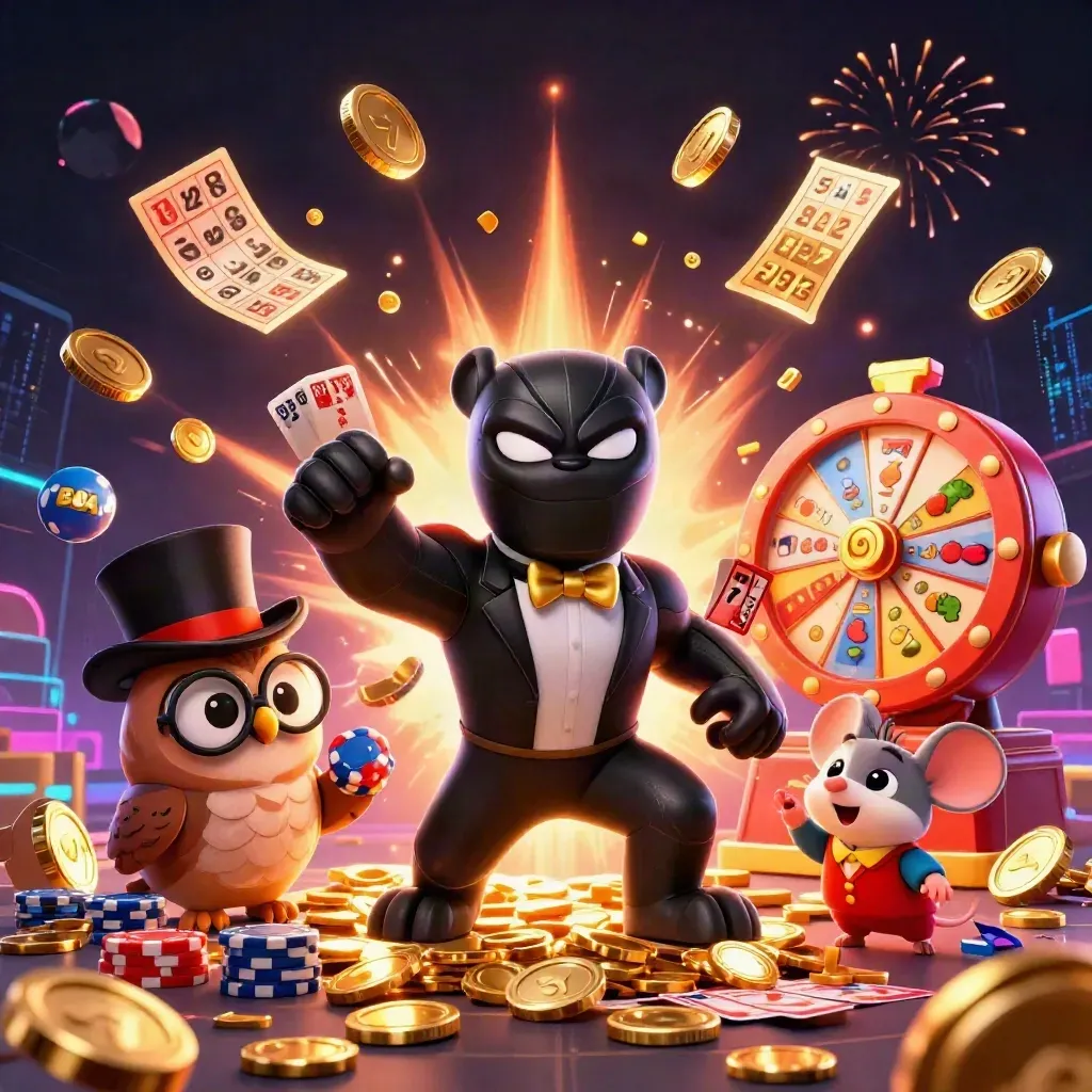 Panther, owl, and mouse amid coins, reels, cards, and fireworks in a neon casino burst.